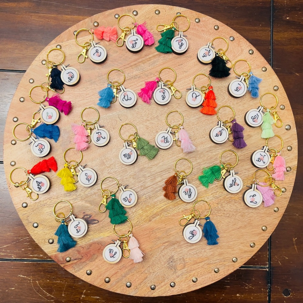 Embroidered Colorful Mini Hoop Tassel Keychains with Initials - Handmade